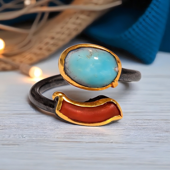 Boho Chic Adjustable Genuine Turquoise Red Coral Ring 24K Gold Sterling Silver - Picture 1 of 16